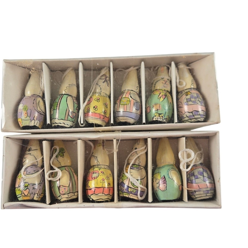 Vintage Oriental Trading Wooden Easter Bunny Ornaments 12 Pc Set Hand Painted